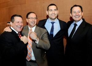 Assemblyman Joseph Morelle, Senator Joseph Griffo, former UFC middleweight champ Chris Weidman and UFC Chief Operating Officer Lawrence Epstein during a press conference earlier this year calling for New York State to legalize professional MMA.