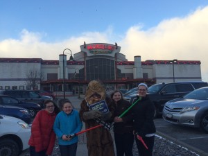 Youth visited several locations in Madison and Oneida County in Star Wars Costume declaring #Rwars in the fight against smoking imagery in youth-rated films. PIctured from left are Kat Wojsiat from Stockbridge, Tori Allen from Chittenango, "Chewbacca" (Gabe Camp) from Morrisville, Riley and Lauren Hysell form Madison. 