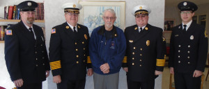 March 3, officers from the New Hartford Fire Department presented a service award to LutheranCare resident Joseph Crandall in a special ceremony at the campus. Pictured from left are President Joseph Luker; Past Chief David Reynolds; Joe Crandall; Chief, Thomas Bolanowski; and firefighter Michael Galligano, Jr.