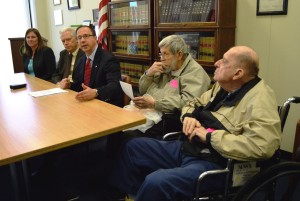 Senator Griffo speaks with 89-year-old Herman Friske (next to Griffo), a nursing home resident at LutheranCare in Clinton, and Ronald Henderson, a nursing home resident at Presbyterian Home in New Hartford (far right) on Wednesday, April 27, 2016, as Griffo discusses his support for increasing the personal needs allowance that nursing home residents can spend on personal items. From left, Senator Griffo was also joined by Marie Goodman, executive assistant at LutheranCare, and New York State Long-term Care Ombudsman Tom Talbot to discuss proposed legislation that Griffo is cosponsoring in the New York State Senate. 