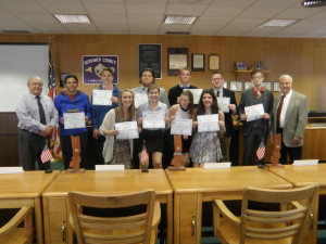 Megan Greene, Carissa Huber, Allie Evans, Ally Cooper; Back Row L to R: Chairman Bernie Peplinski, Luke Monroe, Carter Lawrence, Cody Keeler, Steven Bergin, Harry Gibson, Wally Szarek, and Legislator Peter Manno.