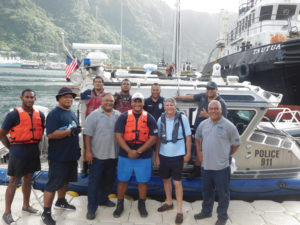New York Sea Grant Coastal Recreation and Tourism Specialist David G. White, front row second from right, traveled to American Samoa to share Discover Clean and Safe Boating educational practices with a variety of groups, including this Dive Drill Response Team, including members of the American Samoa Marine Patrol, National Marine Sanctuary American Samoa personnel, and American Samao EMS personnel. Photo: NOAA National Oceanic Service