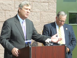 Agriculture Secretary Tom Vilsack (left) is pictured with Sullivan Town Supervisor and Madison County Board of Supervisors Chairman John M. Becker during a visit to Bridgeport in 2014. File photo Martha E. Conway.